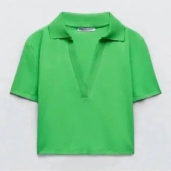 NWT Zara Bright‎ Green Collared Ribbed Crop Top - Picture 2 of 5